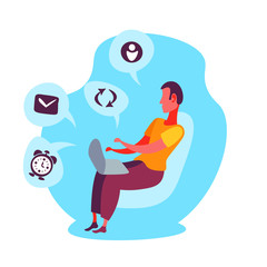 Man using laptop armchair relax chat bubble