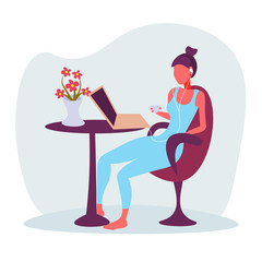 Girl drinking coffee headphones using laptop relaxing