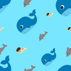 Seamless pattern background created by cute characters. Characters are boy, dolphin and whale
