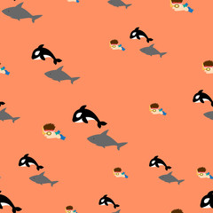 Seamless pattern background created by cute characters. Killer whale and shark chasing a boy