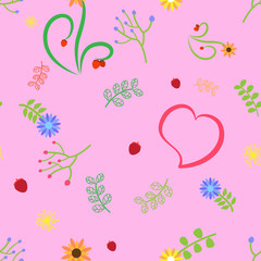 Seamless pattern created by cute objects like hearts and flowers set in to pink background