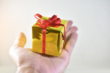 Hand holding gold gift box