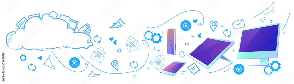 Poster Cloud computing concept design diversity devices connected synchronization network data storage horizontal sketch doodle