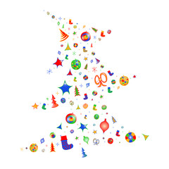 Vector colorful silhouette of Christmas tree decorate with lights, stars, bows, snowflakes and socks