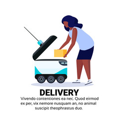 african american woman loading box robot self drive fast delivery goods in city car robotic carry concept isolated copy space flat