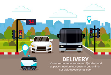 robot self drive fast delivery goods crossing city traffic road way navigation destination geo tag cityscape city car robotic carry concept horizontal banner copy space flat