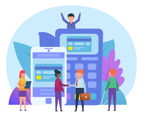 Safe, secure mobile payment concept. Small people stand near smartphone, payment device. Poster for social media, web page, banner or presentation. Flat design vector illustration