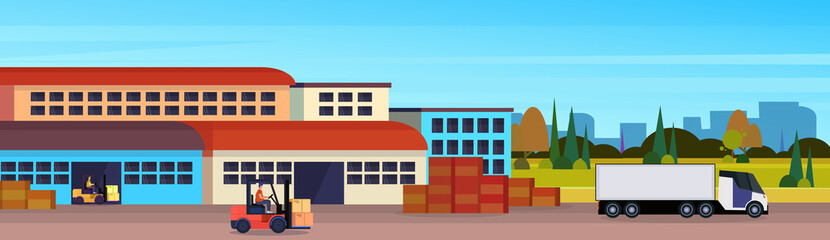 warehouse cargo forklift loading semi truck logistics delivery transportation concept international shipping cityscape flat horizontal banner copy space