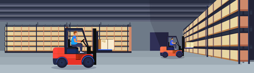 forklift loader working warehouse interior parcel box on rack logistic delivery cargo service concept rows shelves goods storage horizontal banner flat © mast3r