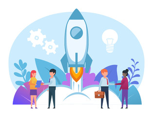 Startup, successful business agreement, contract. People stand near rocket launching, business boost. Poster for presentation, social media, banner, web page. Flat design vector illustration