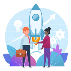 Successful deal, contract, agreement. Man and woman handshake, startup, rocket launch. Poster for banner, social media, presentation, web page. Flat design vector illustration
