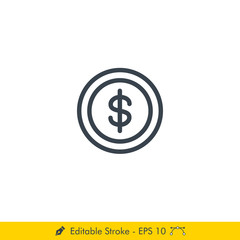 Dollar Coin Icon / Vector - In Line / Stroke Design