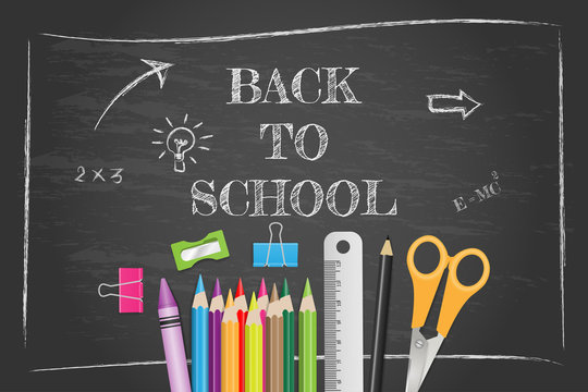 School supplies on chalkboard, back to school concept. Vector illustration