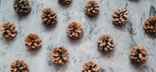 Fototapeta premium Pinecones on stone background. Christmas decorations. 