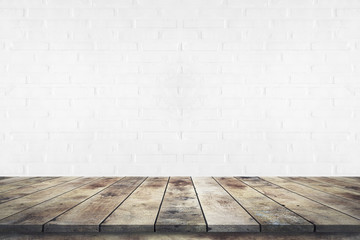 white brick wall texture background with wooden floor
