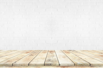 white brick wall texture background with wooden floor
