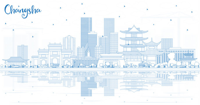 Outline Changsha China City Skyline with Blue Buildings and Reflections.