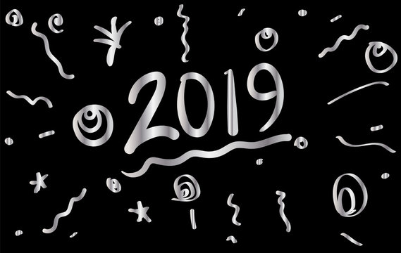2019 Black and Silver New Year Celebration Hand Drawn Vector