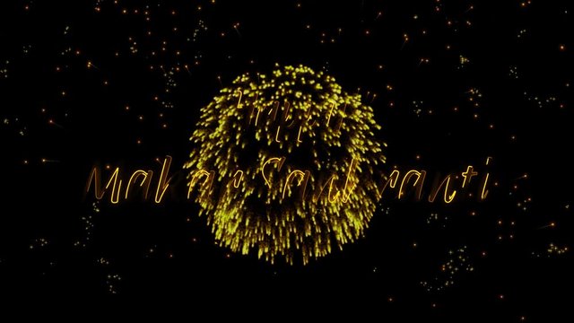 Happy Makar Sankranti Greeting text with particles, colored fireworks, sparks and stars with beautiful glitter effect on background.