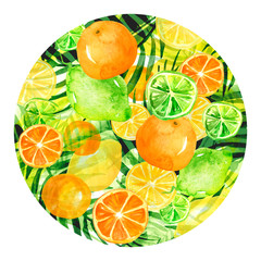 Watercolor round element, background, illustration. Green leaves of a tree, palms, abstract fruit, citrus, orange, lime, lemon, abstract splash. 
green paint. On a white isolated background. 