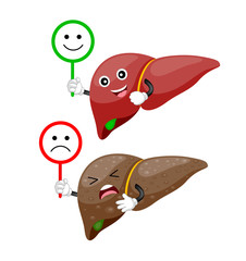 Liver cartoon character holding sign of emotional face. Healthy and unhealthy with smile and scowl. Health care organ concept. Vector illustration isolated on white background.