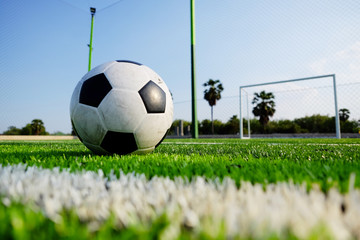 Soccer football on green grass field and goal post