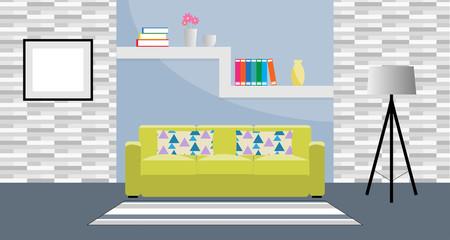 Flat design of living room interior with sofa, pillows, lamp, book, flower vase and carpet, vector illustration