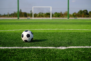 Soccer football on green grass field and goal post