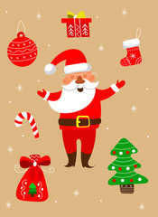 Festive new year and Christmas set with Santa Claus, vector illustration