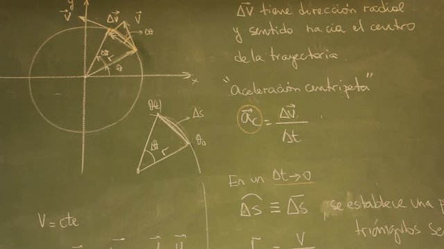 Student Wiping A Chalkboard With Math Figures On It. 