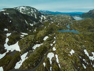 Aerial view. Road and lakes in mountains Norway