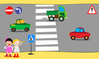 Schoolchildren cross road on pedestrian crossing in downtown, near school. Vector illustration.
