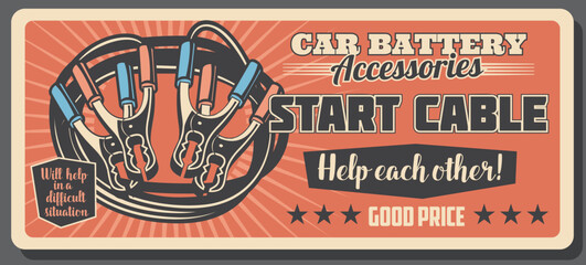 Start cable and battery car service retro poster - obrazy, fototapety, plakaty