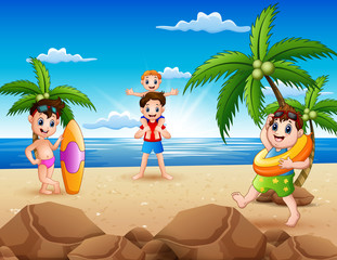 Cartoon of happy family playing on the beach