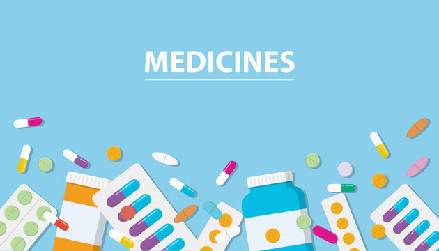 medicines drug collection with banner free space with blue background