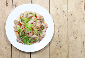 pork chitterlings spicy salad thailand tradition food asian style on wooden background