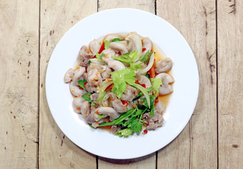 pork chitterlings spicy salad thailand tradition food asian style on wooden background