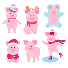 Naklejka premium New Year's set of cute pigs characters. Santa Claus costume, snow angel, piggy skating, with a gold medal, in a hat
