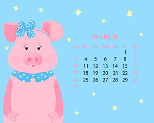Monthly calendar for March 2019 . Cute pig in a hoop with a bow and a collar. Funny animal. Chinese New Year