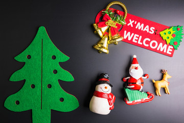 Christmas decorations on black background with copy space.Christmas day concept.