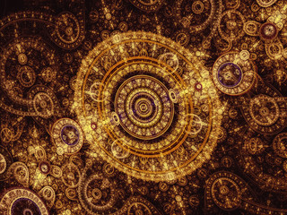 Retro illustration with golden fractal clock - decorative round