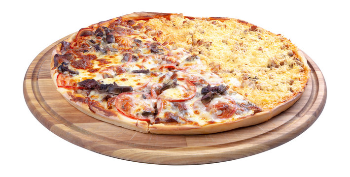double topping pizza on the wooden desk isolated