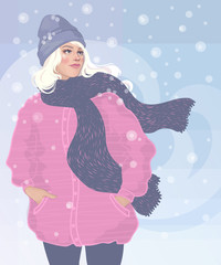 vector  of a beautiful young blonde girl walking in a winter blizzard, in a pink coat and cute hat, a scarf fluttering - 236226725