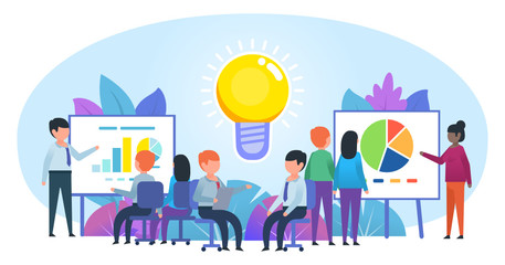 Brainstorm, business office work. People work in office near big idea lightbulb. Poster for social media, banner, web page, presentation. Flat design vector illustration