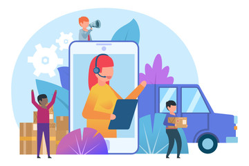 Online delivery service concept. Small people stand near smartphone, delivery packages, car. Poster for banner, social media, web page, presentation. Flat design vector illustration