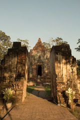 Fototapeta premium Old Temple, Old Pagoda buddha in Thai temple (Wat Thai) Phichit historian park, The landmark in Phichit province Thailand.