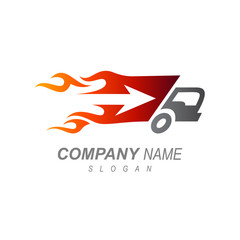 Fast Truck Delivery Logo Template. Truck With Fire Motion  And Arrow Shape