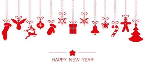 Happy New Year banner with red holiday decorations.