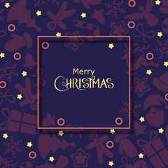 Fototapeta na wymiar Purple Merry Christmas greeting card with holiday pattern.