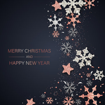 Merry Christmas and Happy New Year card with shiny snowflakes and stars.
